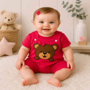 Kit Macacão Curto + Camiseta para bebe Menina Tematico Ursinha fashion - Rosa Pink