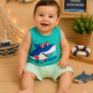 Conjunto de Bebê Menino Regata + Short Tubarão fofo Estiloso
