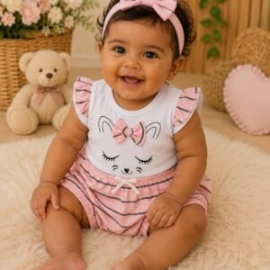 Conjunto de Bebê Menina Verão Calor Gatinha Fofinha Temático