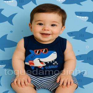 Conjunto de bebê menino regata + short tubarão fofo 2 a 6 meses estiloso