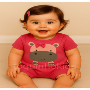 Kit macacão curto + camiseta para bebe menina tematico hipopotamo fashion