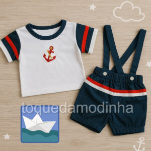 Jardineira + camiseta para bebe menino verão estilo marinheiro