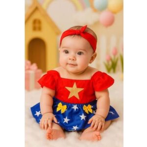 Jardineira temático mesversario menina Festa ensaio Book temático bebê Menina mulher maravilha