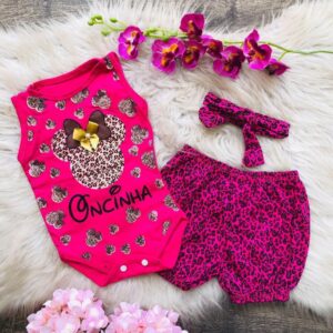 conjunto de bebê menina Body + short e tiara de cabelo minnie oncinha
