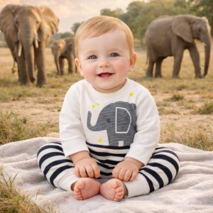 Macacão manga longa Elefantinho de frio bebê menino vira pé