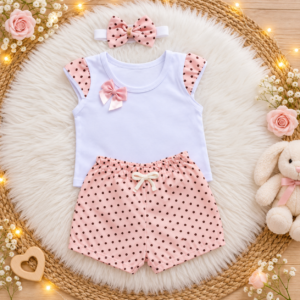 Conjunto para Bebê Menina Blusa Short + tiara luxo roupa de calor