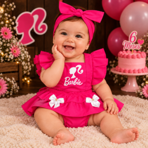 Romper Jardineira Temático Mesversario Bebê Menina Barbie