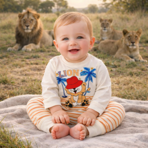 Macacão manga longa Leãozinho de frio bebê menino vira pé