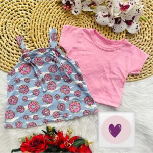 Vestido Romper Donuts Rosa/Azul de Bebê Menina Verão Algodão 6 a 9 Meses Passeio