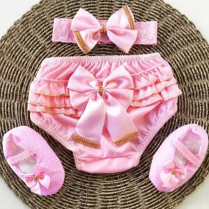 Kit 3 peças sapato de bebe + calcinha bunda rica e laço de cabelo