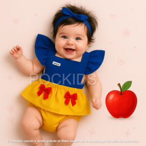 Jardineira Romper Body Bebe Menina Luxo Festa Vestidinho Mesversario Temático branca de neve