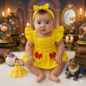 Romper Jardineira temático mesversario menina Festa ensaio Book temático bela e a fera