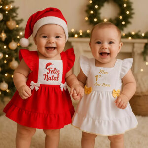Vestido romper de bebe menina Natal e Ano novo luxo 5 a 9 meses