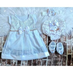 kit vestido bebê menina + laço + sapatinho + calcinha temático festa luxo