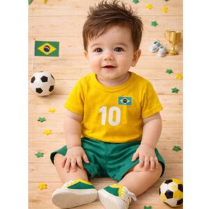 Conjunto de bebê menino Copa do mundo Brasil verão