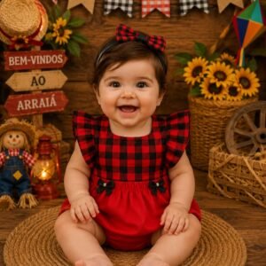 Romper de Bebê Menina Xadrez Festa Junina - Vermelho