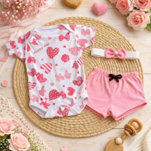 Kit 3 Peças Menina Blusa + Short e Laço de Cabelo Coração