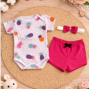 Kit 3 Peças Bebê Menina Fashion Body + Shorts e Laço de Cabelo Abacaxi
