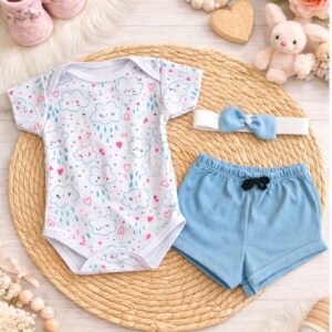 Kit 3 Peças de Bebê Menina Fashion Body + Shorts e Laço de cabelo Nuvemzinha