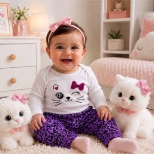 Alternative view of Conjunto Bebê menina Inverno Gatinha com Lacinho e Calça Estampada