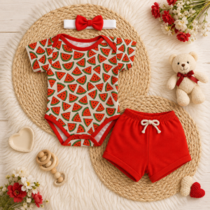 Kit 3 Peças de Menina Body + Shorts e Laço de Cabelo Fashion Melancia