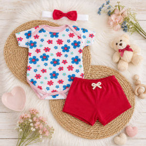 Kit 3 Peças de Menina fashion Body + Shorts e Laço Florzinha