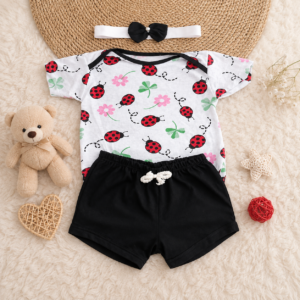 Kit 3 Peças Menina Fashion Blusa + Shorts e Laço de Cabelo Joaninha