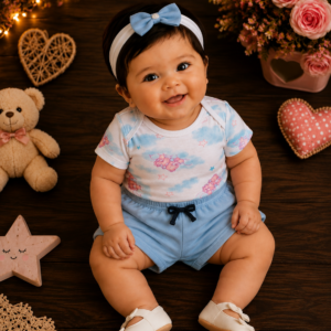 Kit 3 Peças Menina Body + Shorts e Laço de Cabelo Ursinho