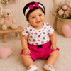 Kit 3 Peças Bebê Menina Blusa + Shorts e Laço de Cabelo Cupcake Fashion