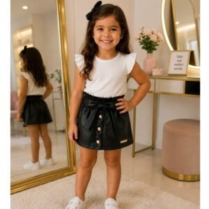 Saia Infantil Menina Couro Fake Preta com Cinto e Botões Dourados