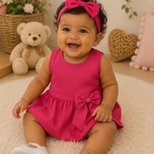 Vestido Bebê Menina Pink com Laço Delicado – Look Infantil para Passeio e Festa