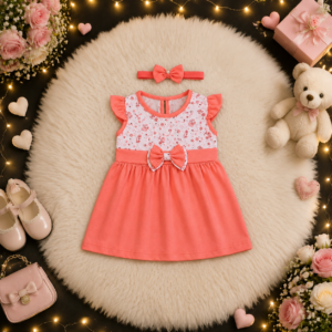 Vestidinho de Bebê Menina Fashion + Laço de cabelo Blogueirinha Florzinha Laranja