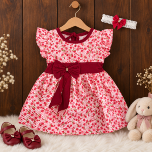 Vestido de Bebê Menina fashion + Laço de cabelo Flores Vinho