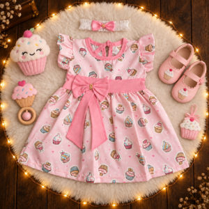 Vestido de Bebê Menina Blogueirinha + Laço de cabelo Cupcake