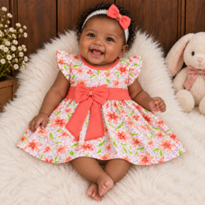 Vestido de Bebê Menina Fashion Blogueirinha + Laço de cabelo Laranja de Flor