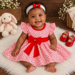 Vestido de Bebê Menina Blogueirinha + Laço de cabelo Flores Vermelha