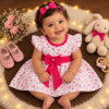 Vestidinho Bebê Menina Fashion Verão + Laço de cabelo Flores Pink
