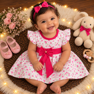 Vestidinho Bebê Menina Fashion Verão + Laço de cabelo Flores Pink