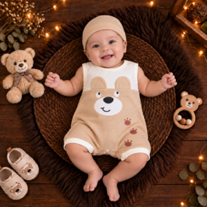 Alternative view of Macacão Bebê Menino Ursinho com Touca – Macacão Curto Infantil Estampado