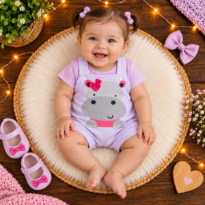 Kit Macacão Curto + Camiseta para bebe Menina Tematico Hipopotamo fashion