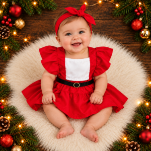 Romper Natalino Bebê Menina Vermelho Mamãe Noel com Laço de Cabelo – Roupa de Natal Infantil