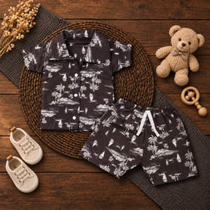 Conjunto Bebê Menino Camisa Social Estampada Manga Curta e Short – Look Mauricinho Infantil