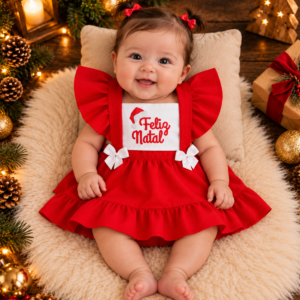 Vestido Bebê Menina Natal Vermelho com Babados e Laços