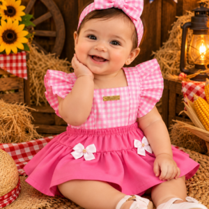 Jardineira Bebê Menina Xadrez Rosa Pink com Laços e Faixa de Cabelo – Look Junino Blogueirinha