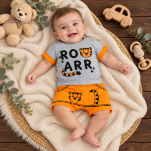 Conjunto Bebê Menino Tigre Roarr Camiseta Cinza e Short