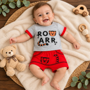Conjunto Bebê Menino Tigre Roarr Camiseta Cinza e Short - Vermelho