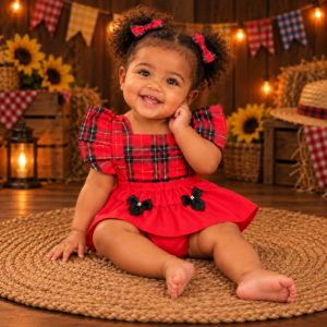 Romper Bebê Menina Festa Junina Xadrez Vermelho com Saia e Faixa