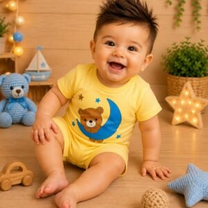 Conjunto de Bebê Menino Ursinho Lua Fofo Shorts + Camiseta Fofo