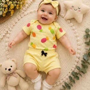 Kit 3 Peças Bebê Menina Body + Shorts Abacaxi Fashion Estiloso