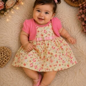 Vestidinho de Bebê Menina Fashion + Bolero Florzinhas Amarelo